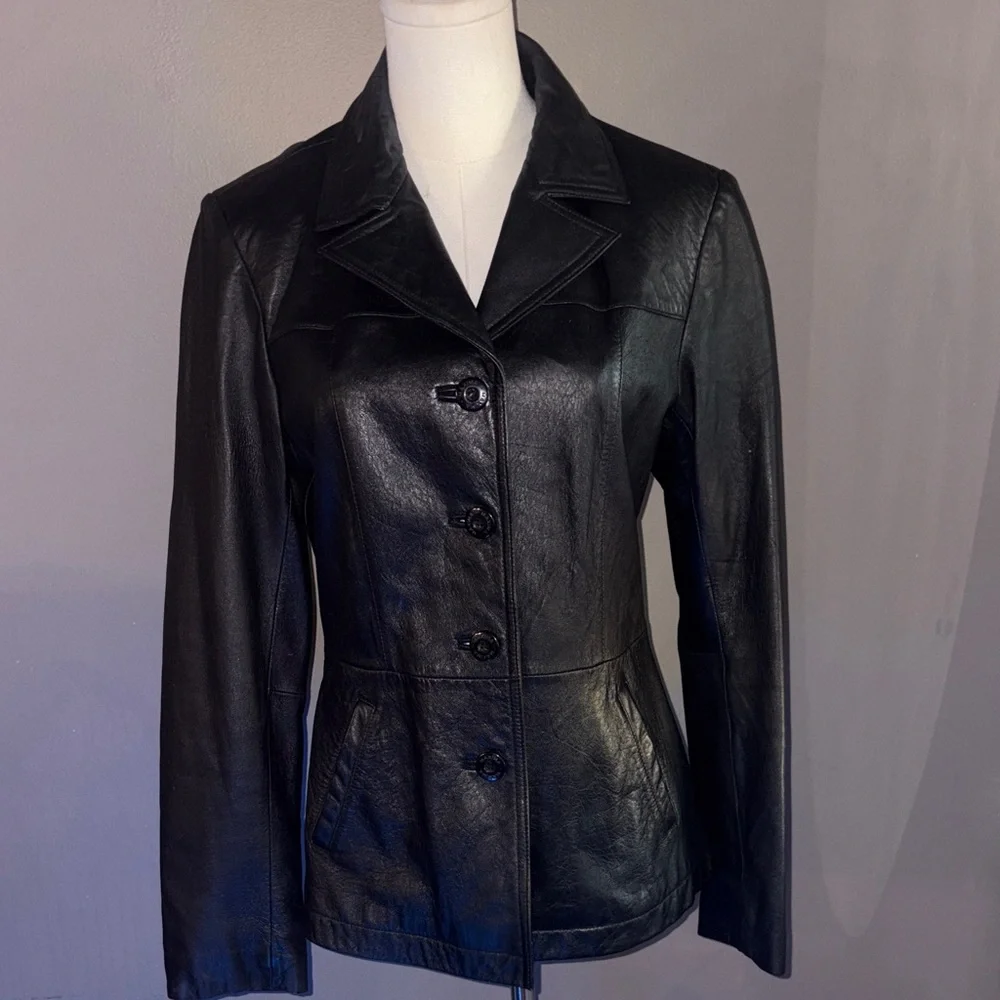 Wilsons Vintage Womens black Leather jacket blue satin lined preloved#Bikercore - Picture 2 of 5